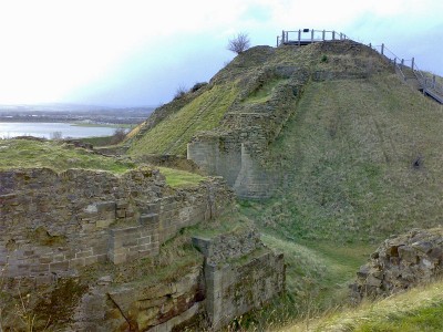 The remains of the motte and barbican at Sandal Castle.